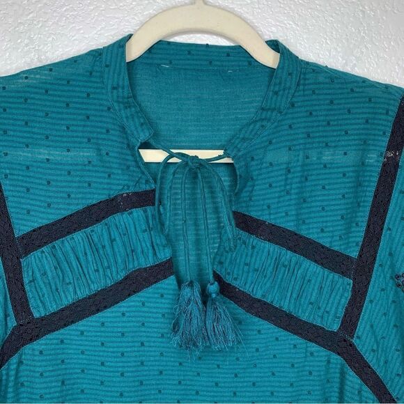 Zara Emerald Green Embroidered Eyelet Tassel Long Sleeves Peasant Top - Picture 4 of 13